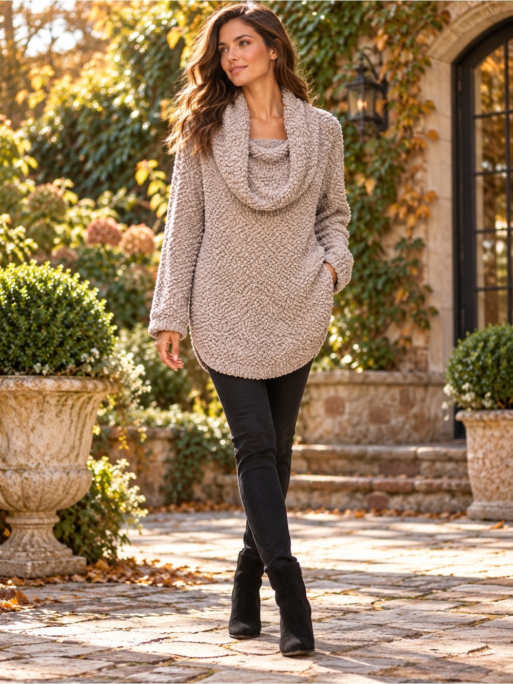 Umgee Taupe Cowl-Neck Teddy Sweater